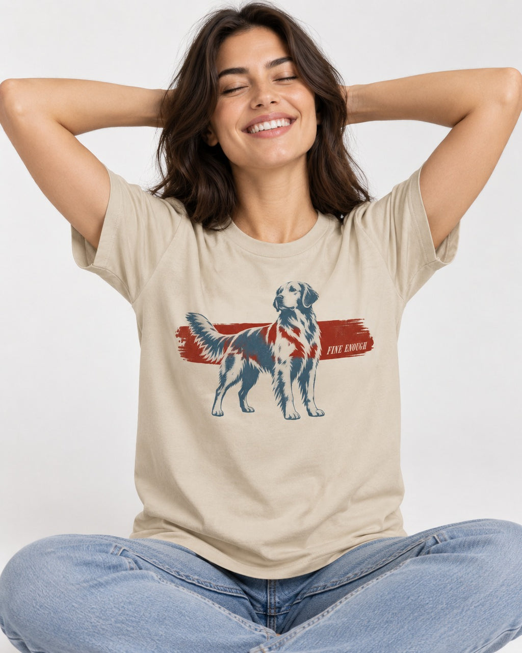Fine Enough Golden Retriever T-Shirt in Sand, worn by a seated model