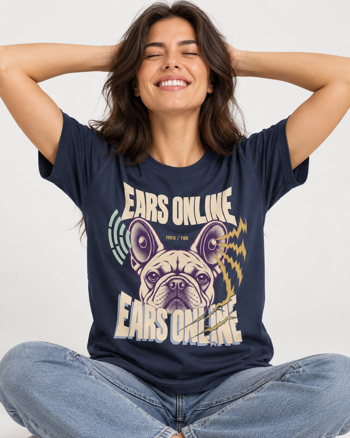 Frenchie Ears Online Audio Signal Graphic T-Shirt in Navy, worn by a seated model