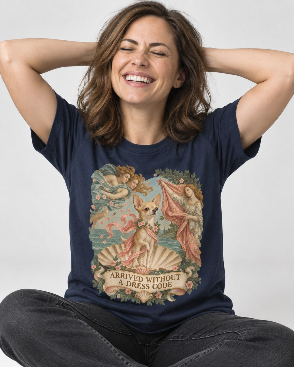 Chihuahua Arrived Without a Dress Code Classical Shell Scene T-Shirt in Navy, worn by a seated model