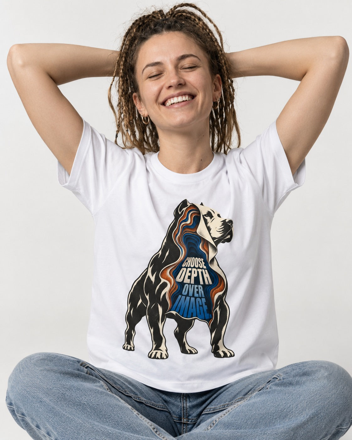 Pitbull Choose Depth Over Image Layered Cutaway Graphic T-Shirt in White, worn by a seated model