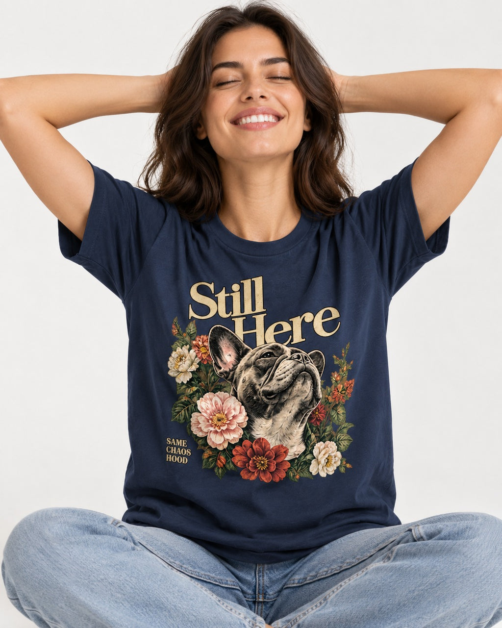 Frenchie Still Here Floral Portrait Graphic T-Shirt in Navy, worn by a seated model