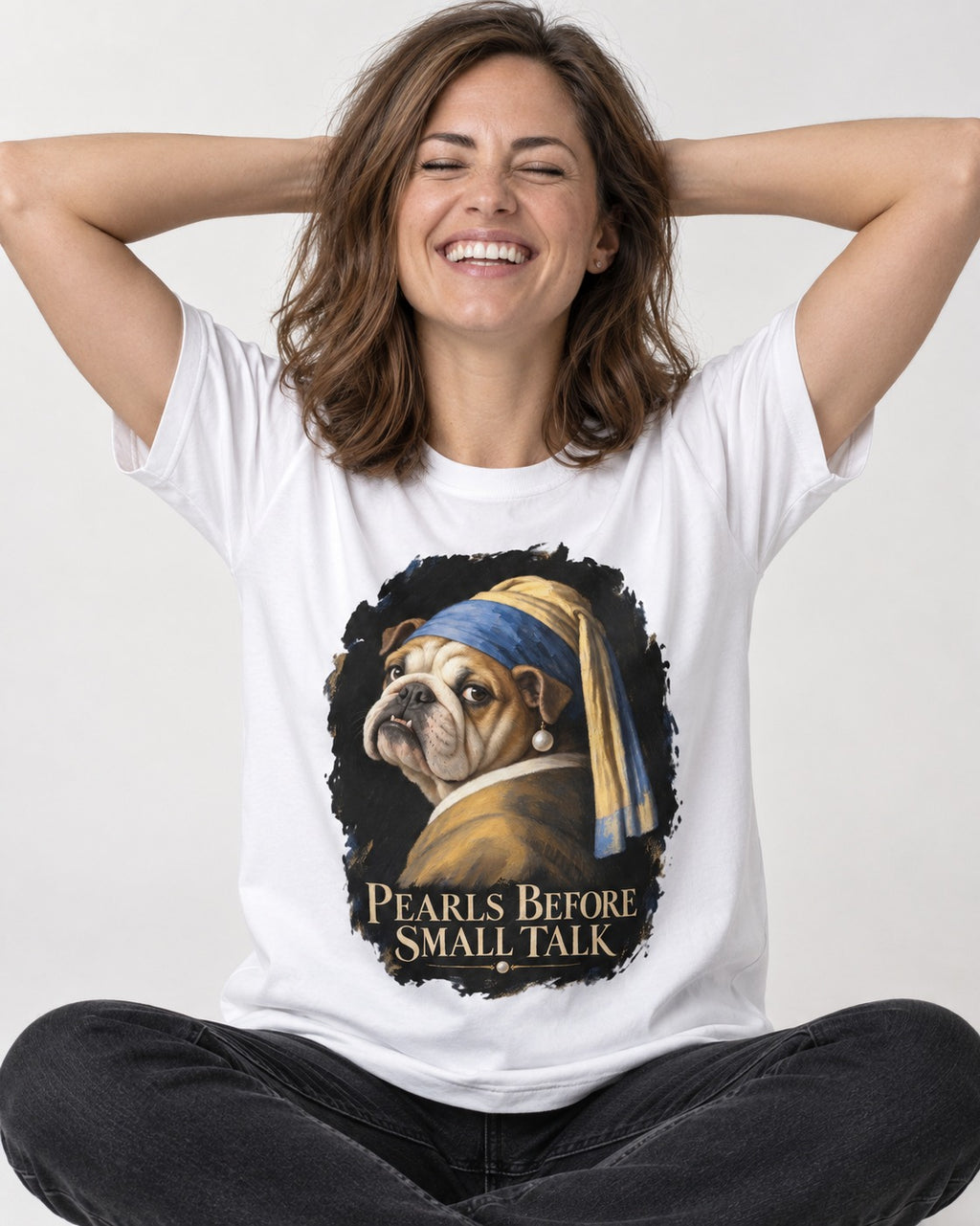 English Bulldog Pearls Before Small Talk Portrait T-Shirt in White, worn by a seated model