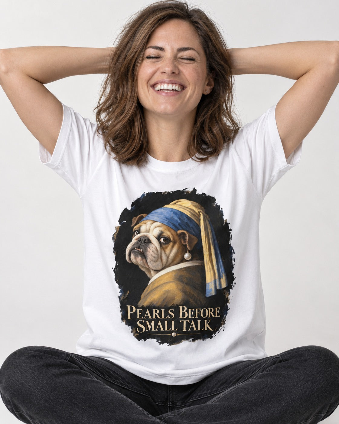 English Bulldog Pearls Before Small Talk Portrait T-Shirt in White, worn by a seated model