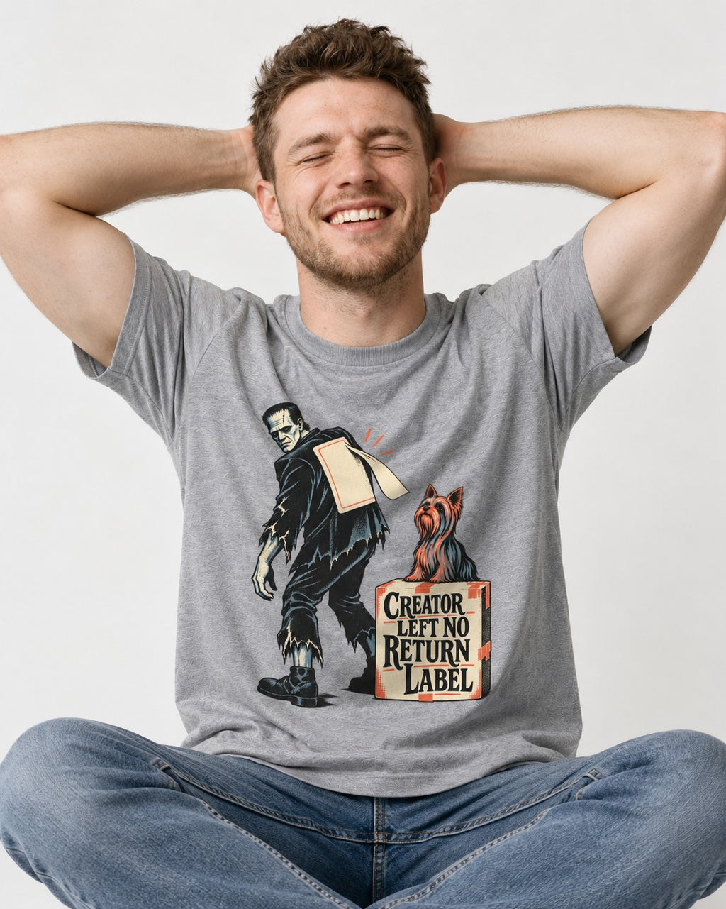 No Return Label Yorkshire Terrier T-Shirt in Sport Grey, worn by a seated model