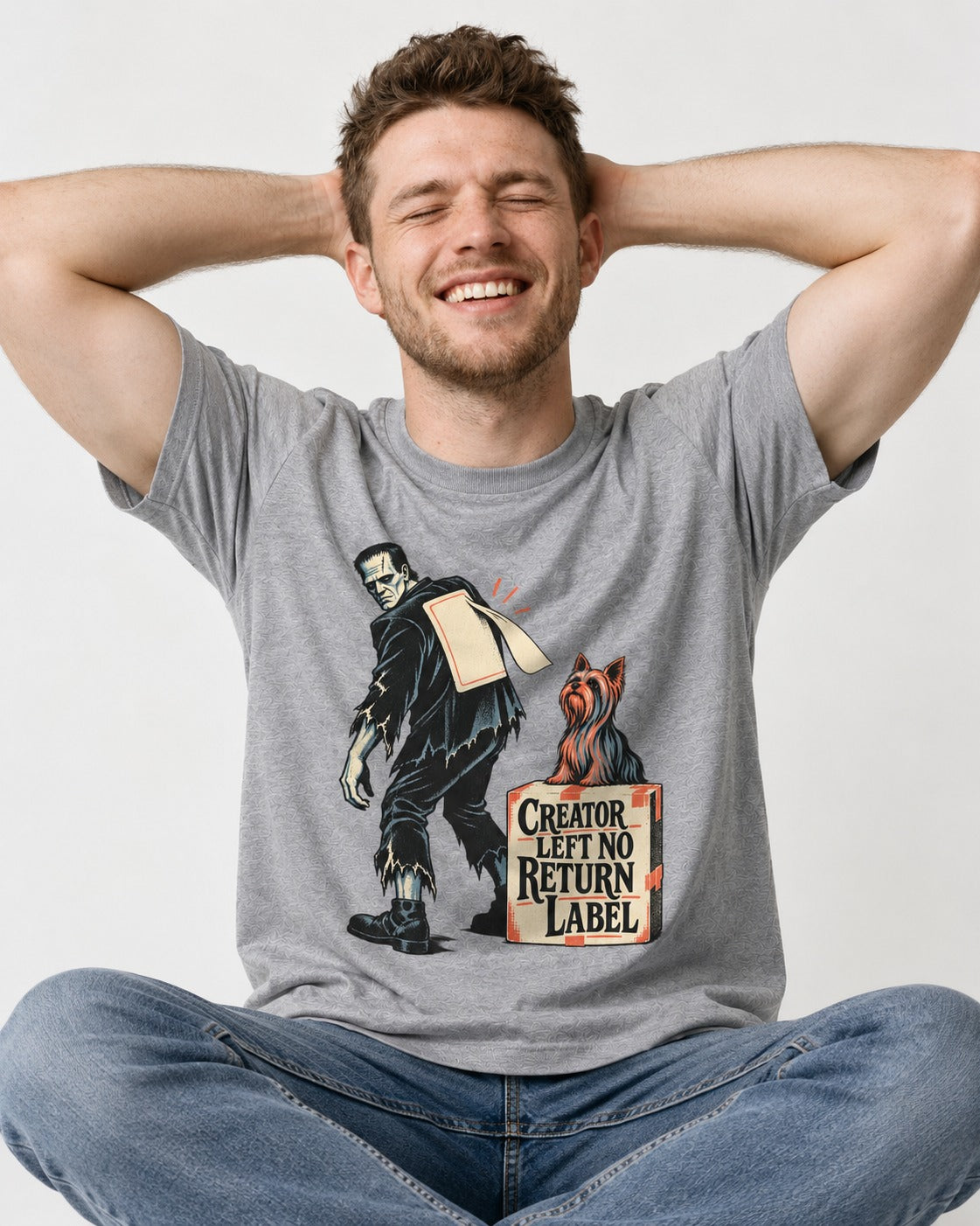 No Return Label Yorkshire Terrier T-Shirt in Sport Grey, worn by a seated model