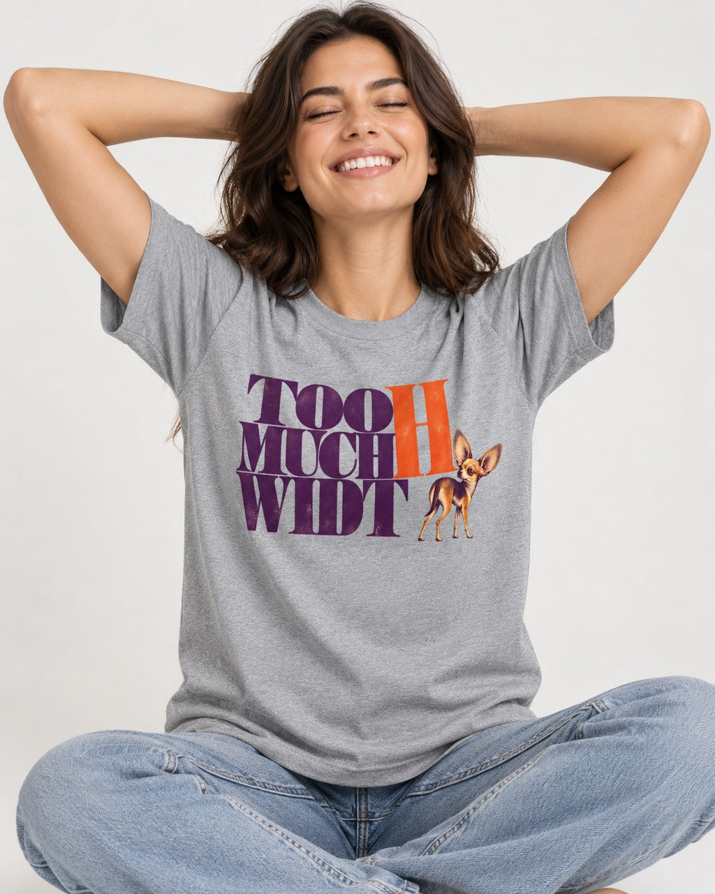 Too Much Width Chihuahua T-Shirt in Sport Grey, worn by a seated model