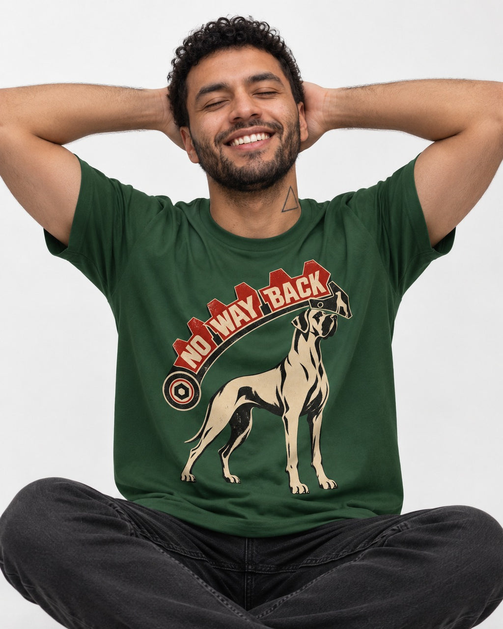 Great Dane No Way Back Arrow Graphic T-Shirt in Forest Green, worn by a seated model