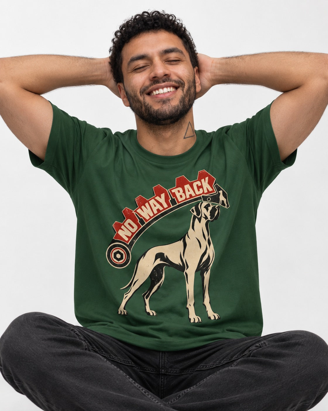 Great Dane No Way Back Arrow Graphic T-Shirt in Forest Green, worn by a seated model
