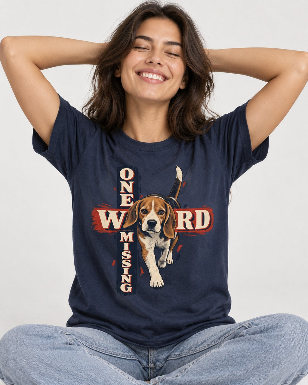Beagle One Word Missing T-Shirt in Navy, worn by a seated model