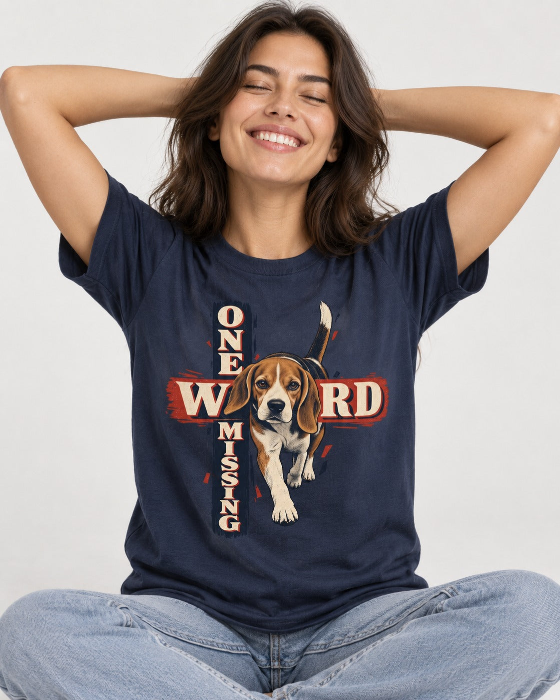 Beagle One Word Missing T-Shirt in Navy, worn by a seated model
