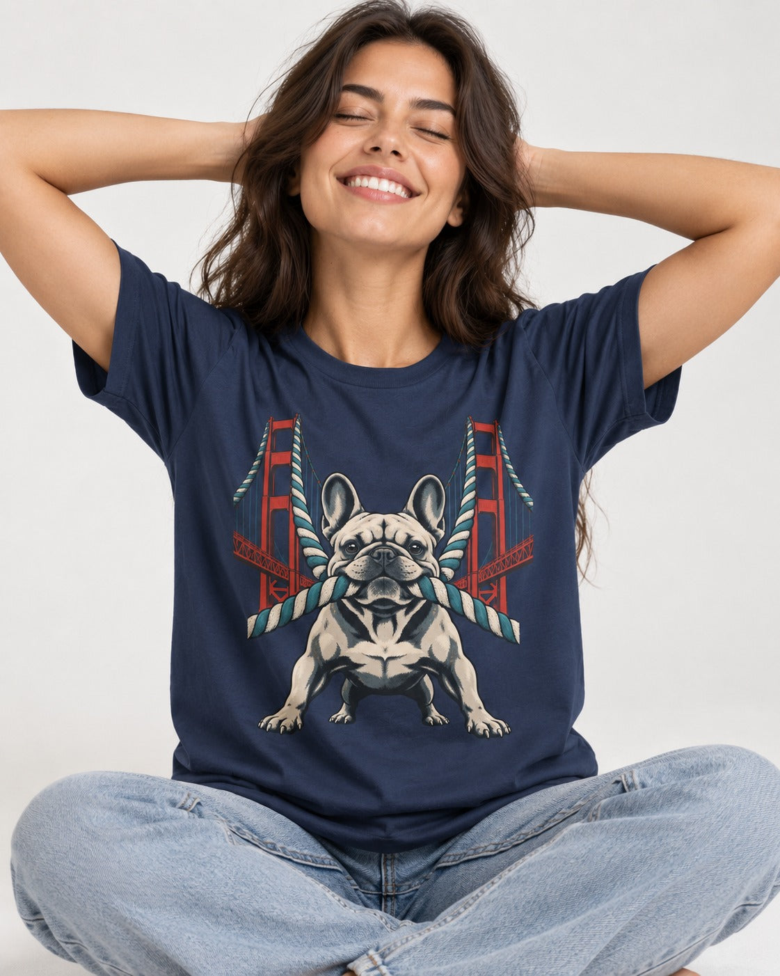 Frenchie Tug Anchor Bridge Graphic T-Shirt in Navy, worn by a seated model