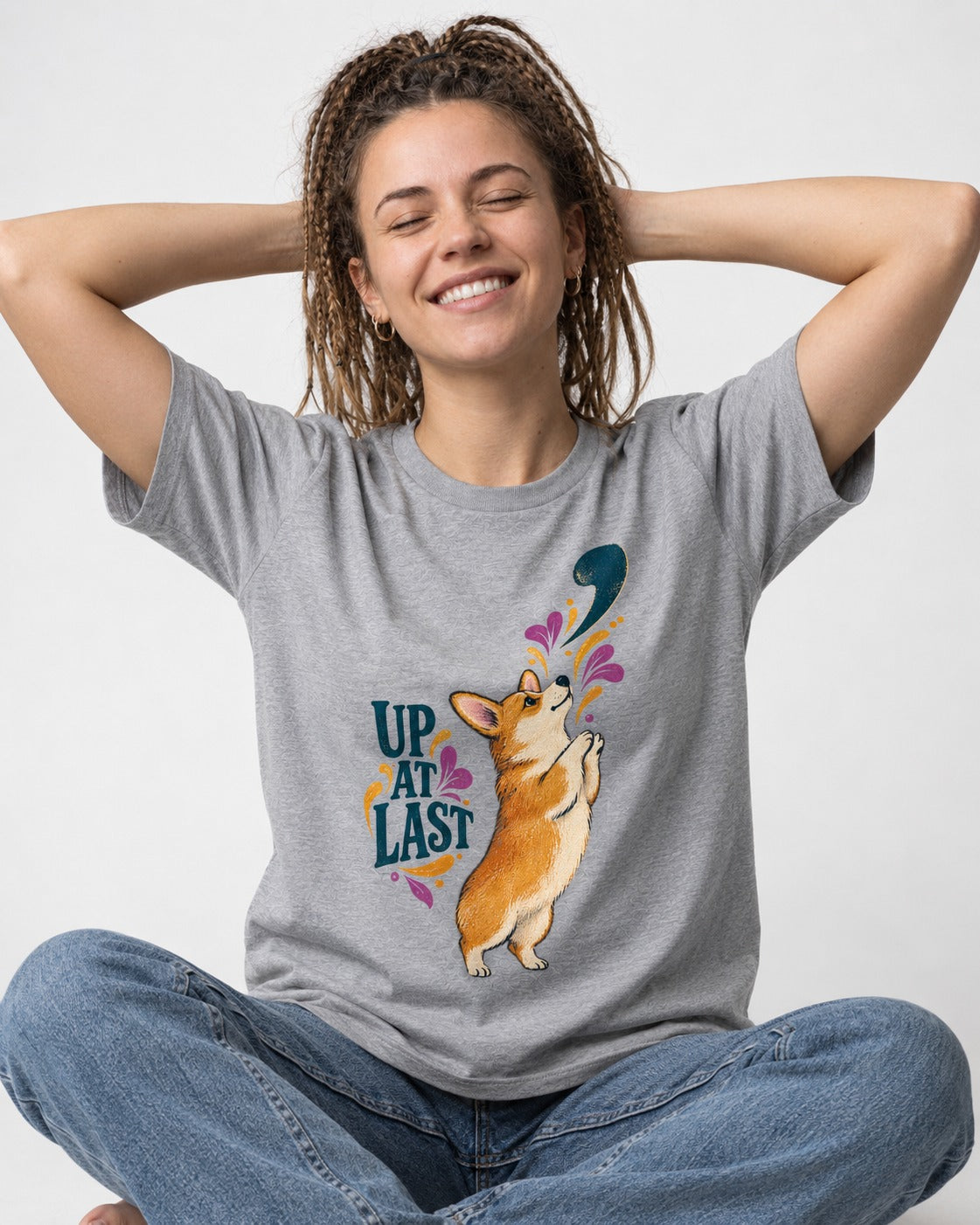 Corgi Up at Last T-Shirt in Sport Grey, worn by a seated model