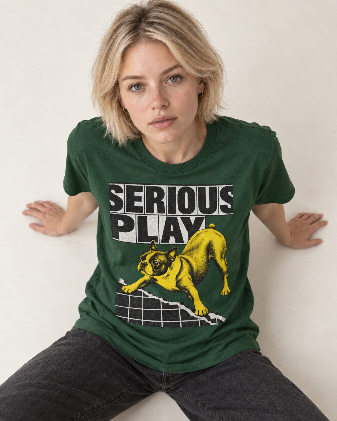 Boston Terrier Serious Play Agility Graphic T-Shirt in Forest Green, worn by a seated model