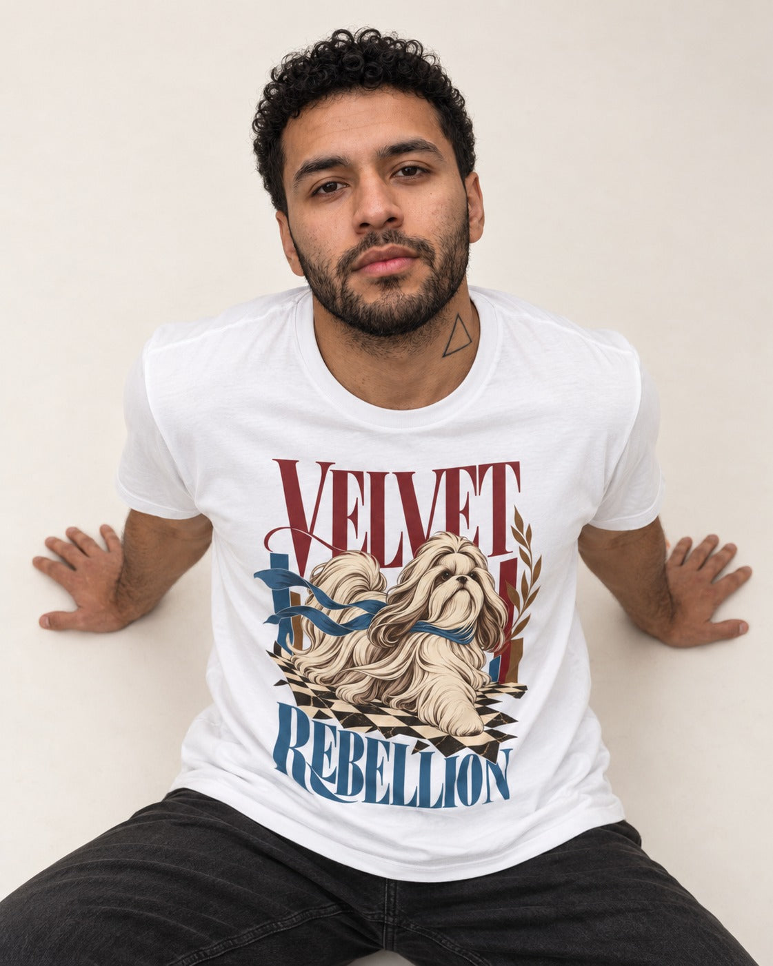 Shih Tzu Velvet Rebellion Checkerboard Graphic T-Shirt in White, worn by a seated model