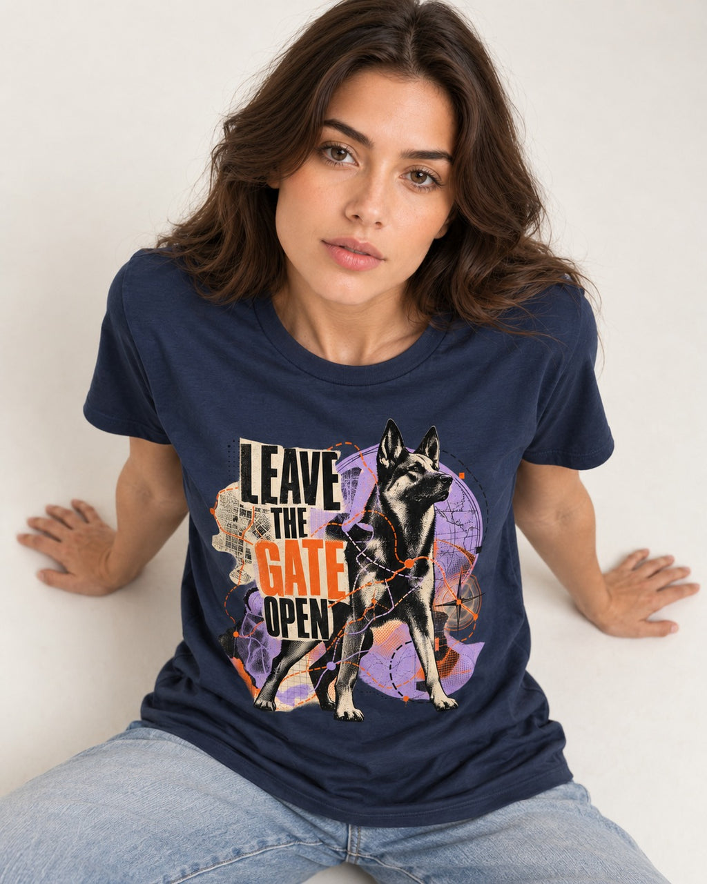 Leave The Gate Open Transit Collage German Shepherd Dog Graphic T-Shirt in Navy, worn by a seated model