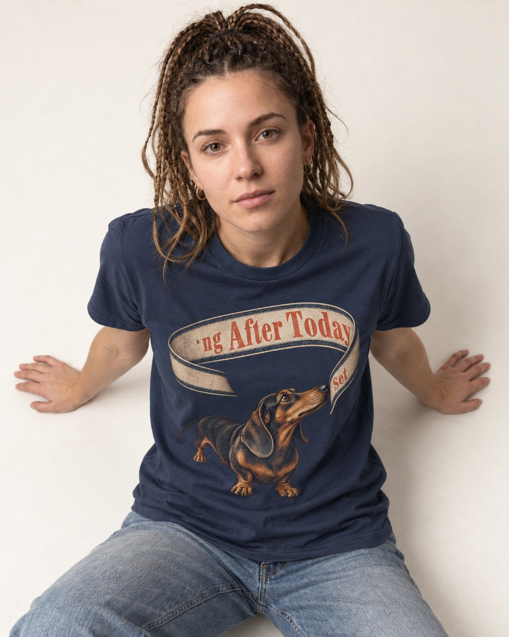 Dachshund ng After Today Set Ribbon Graphic T-Shirt in Navy, worn by a seated model