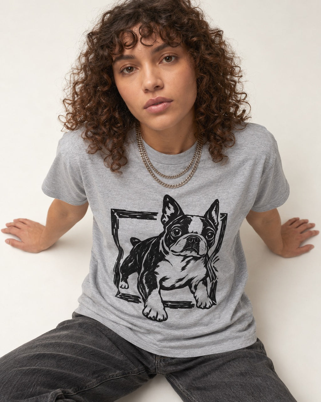 Boston Terrier Unstoppable T-Shirt in Sport Grey, worn by a seated model