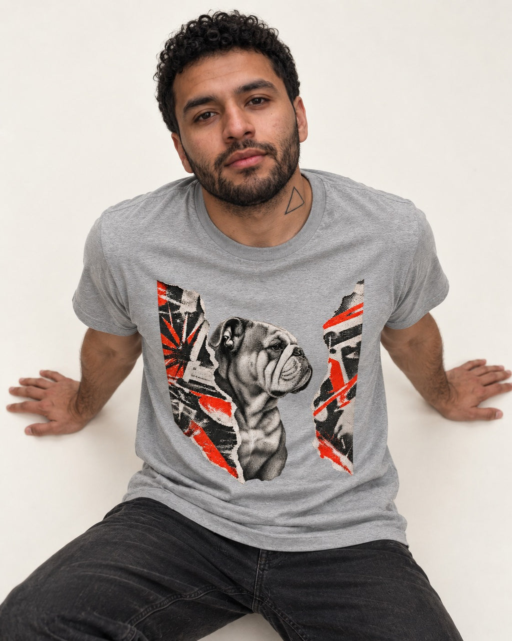 English Bulldog Unbowed T-Shirt in Sport Grey, worn by a seated model