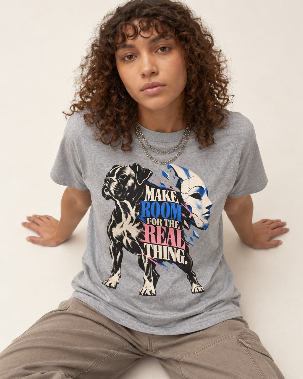 Make Room for the Real Thing Boxer Broken Mask Graphic T-Shirt in Sport Grey, worn by a seated model