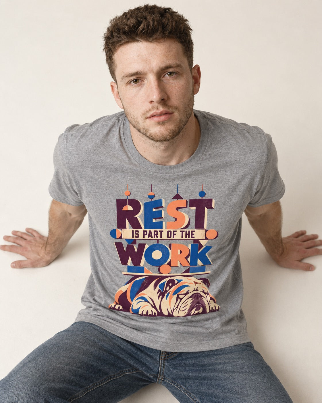 Rest Is Work English Bulldog T-Shirt in Sport Grey, worn by a seated model