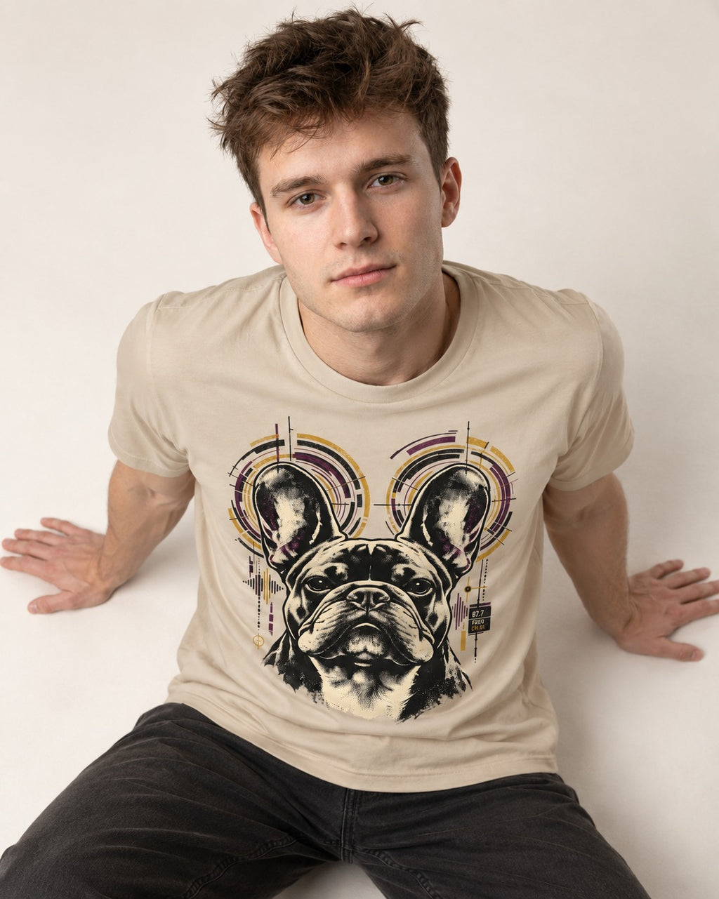 Frenchie Frequency T-Shirt in Sand, worn by a seated model