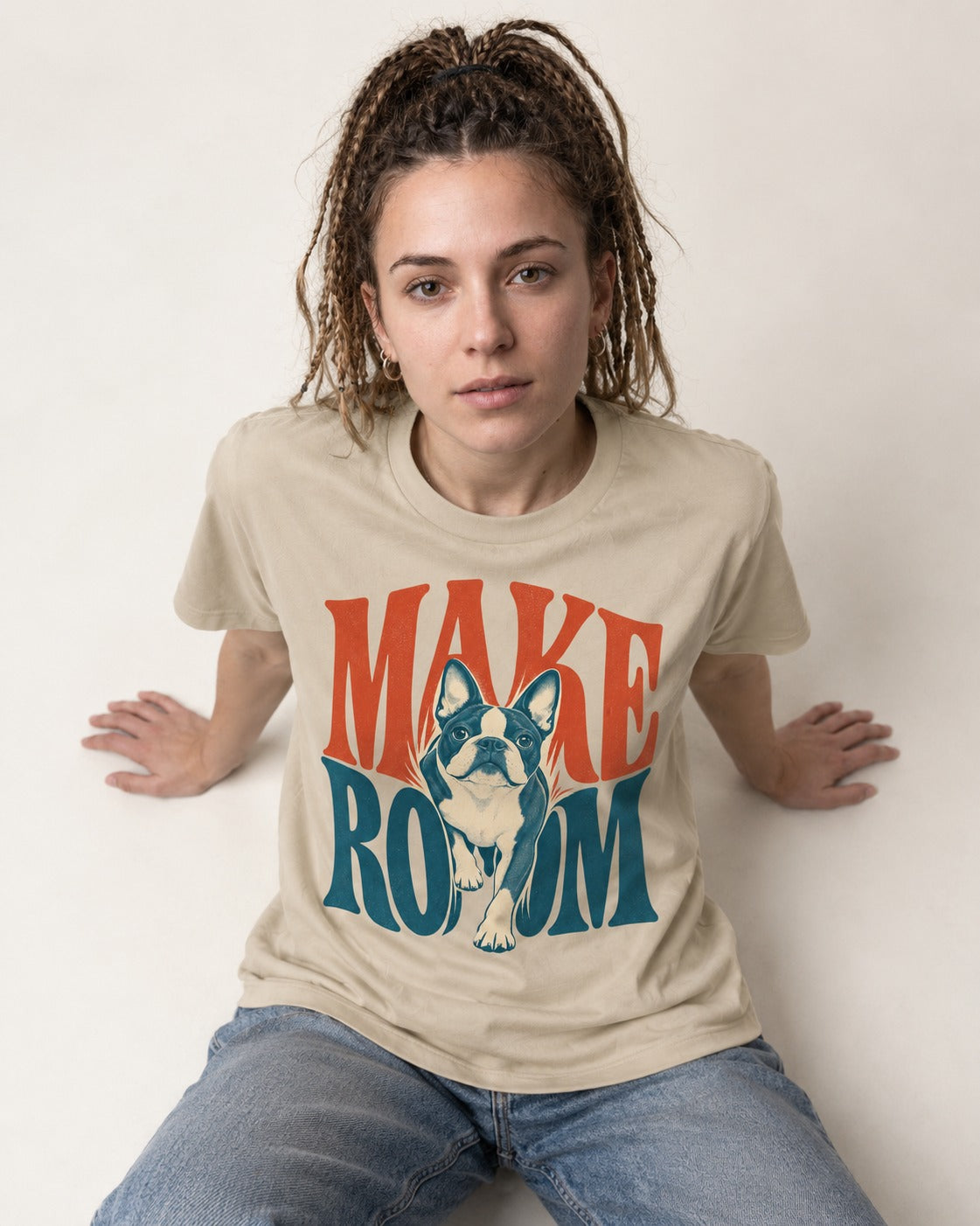 Make Room for the Boston Terrier T-Shirt in Sand, worn by a seated model