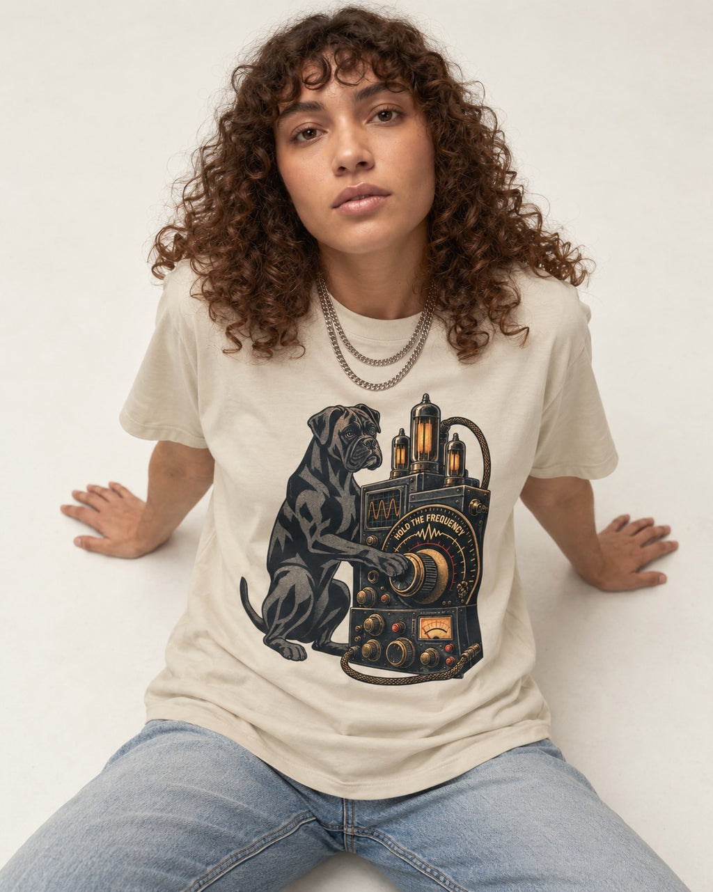 Hold the Boxer Frequency T-Shirt in Sand, worn by a seated model