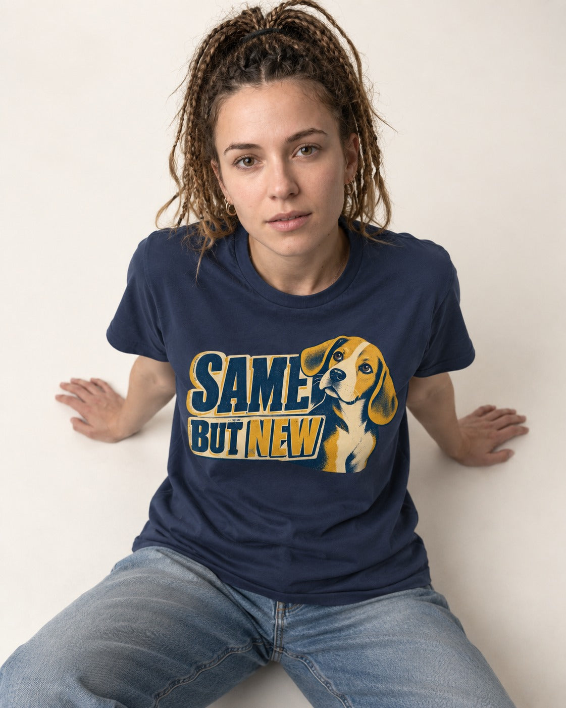 Same Beagle But New T-Shirt in Navy, worn by a seated model
