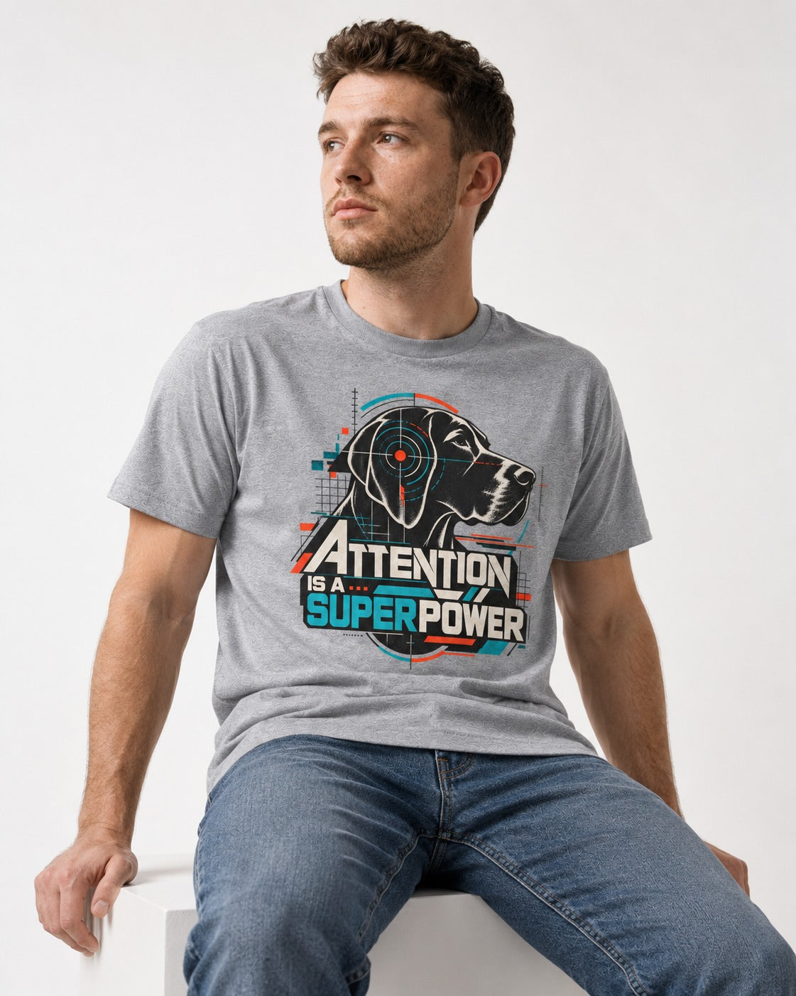 German Shorthaired Pointer Attention Is a Superpower T-Shirt in Sport Grey, worn by a seated model