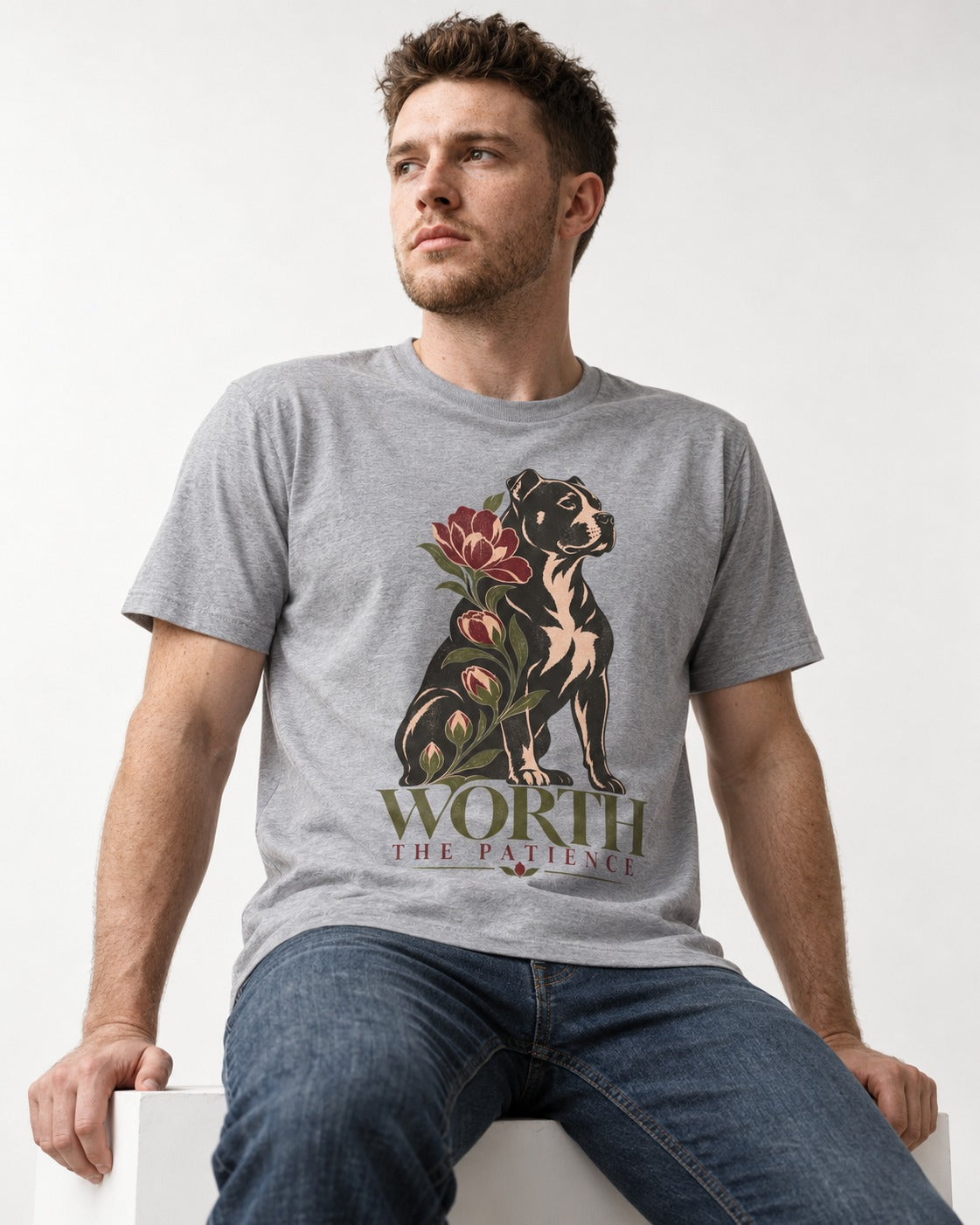 Pitbull Worth the Patience T-Shirt in Sport Grey, worn by a seated model