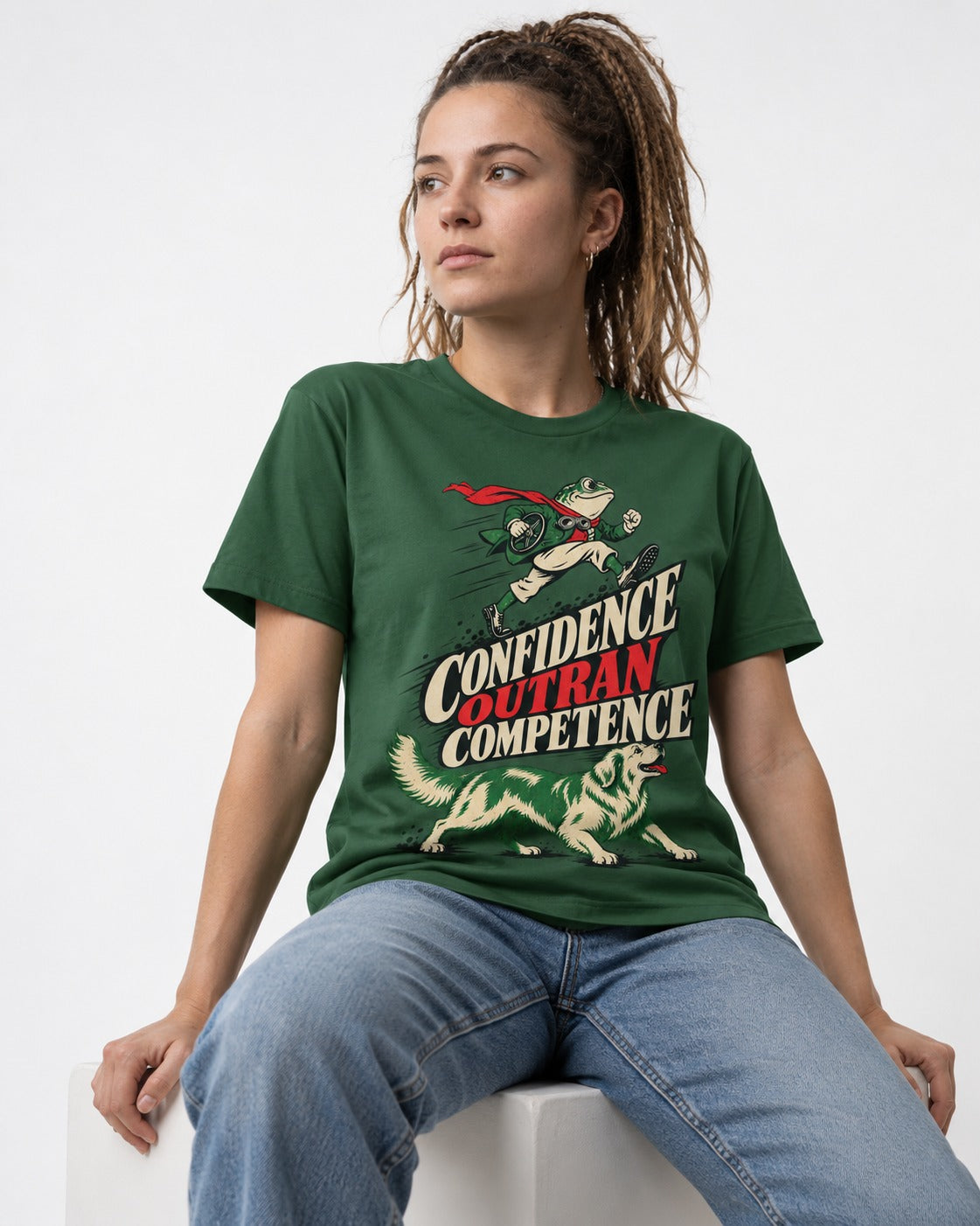 Golden Retriever Confidence Outran Competence Racing Graphic T-Shirt in Forest Green, worn by a seated model