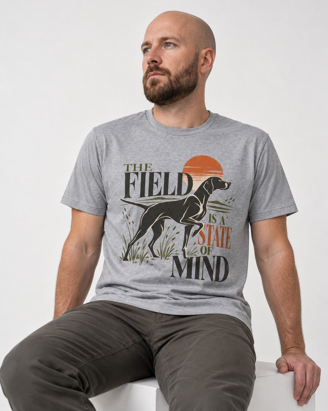 German Shorthaired Pointer Field State of Mind T-Shirt in Sport Grey, worn by a seated model
