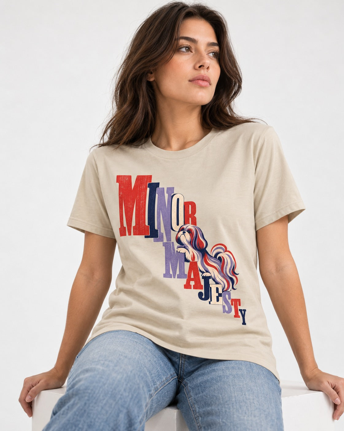 Shih Tzu Minor Majesty T-Shirt in Sand, worn by a seated model
