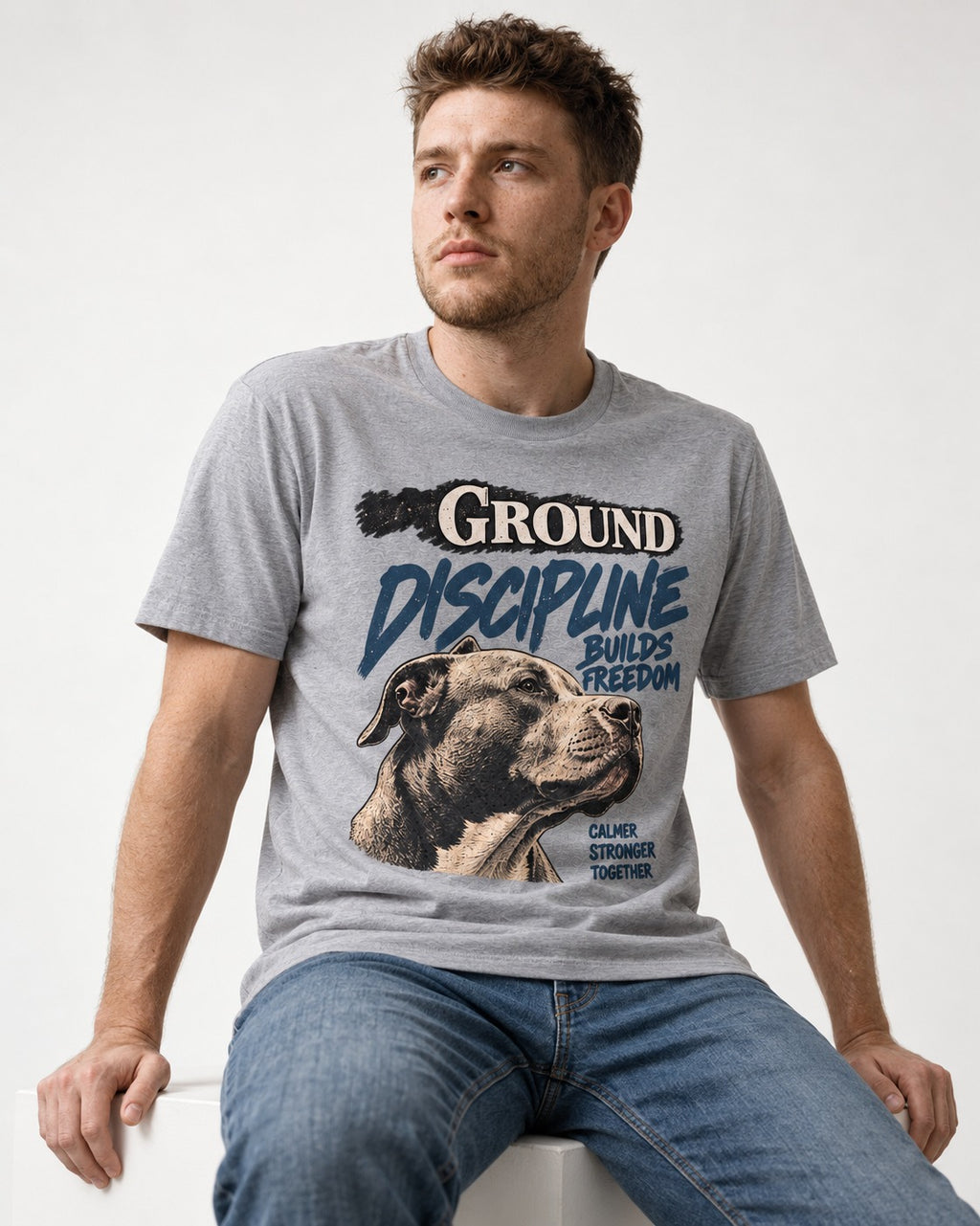 Pitbull Discipline Builds Freedom T-Shirt in Sport Grey, worn by a seated model