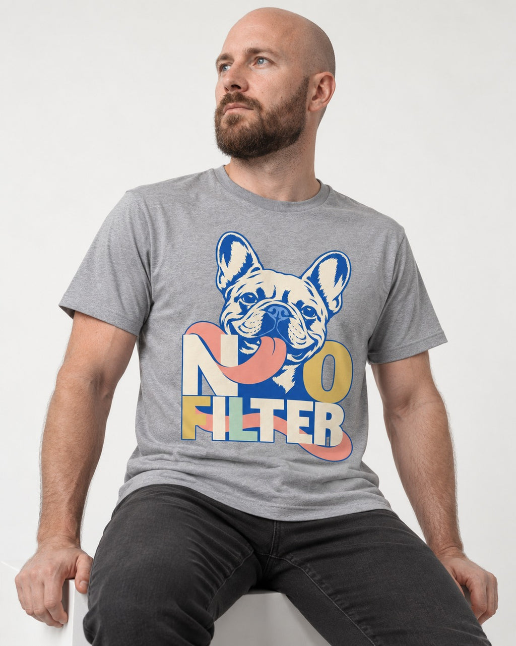 No Filter Frenchie T-Shirt in Sport Grey, worn by a seated model