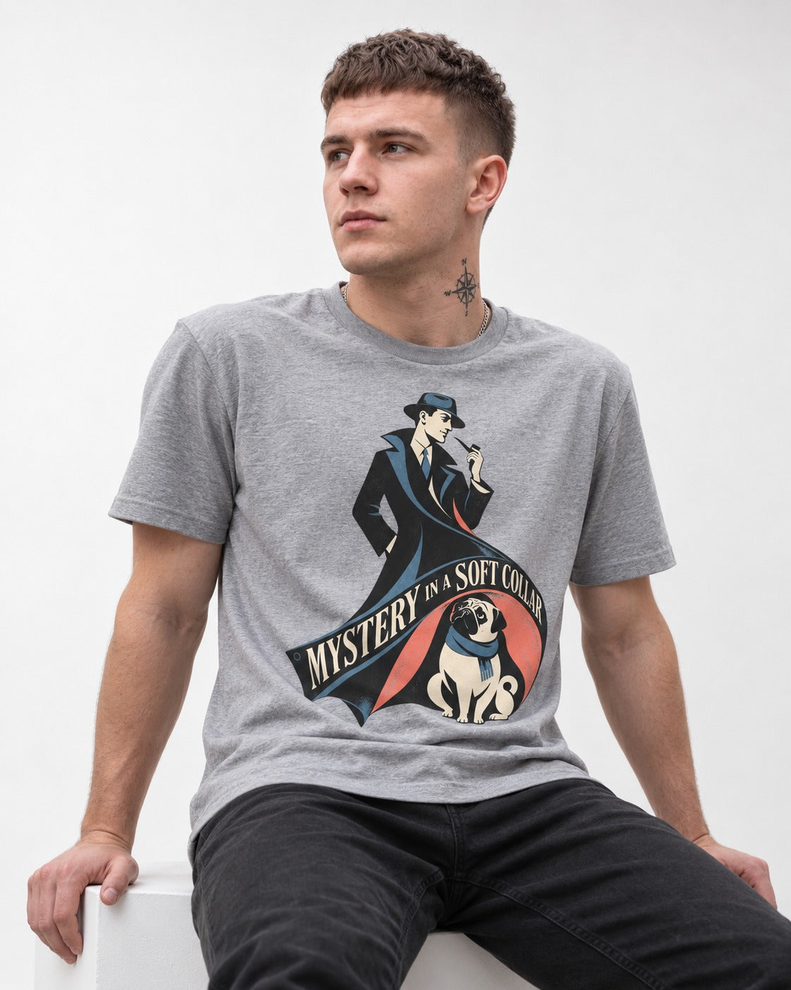 Pug Soft Collar Mystery T-Shirt in Sport Grey, worn by a seated model