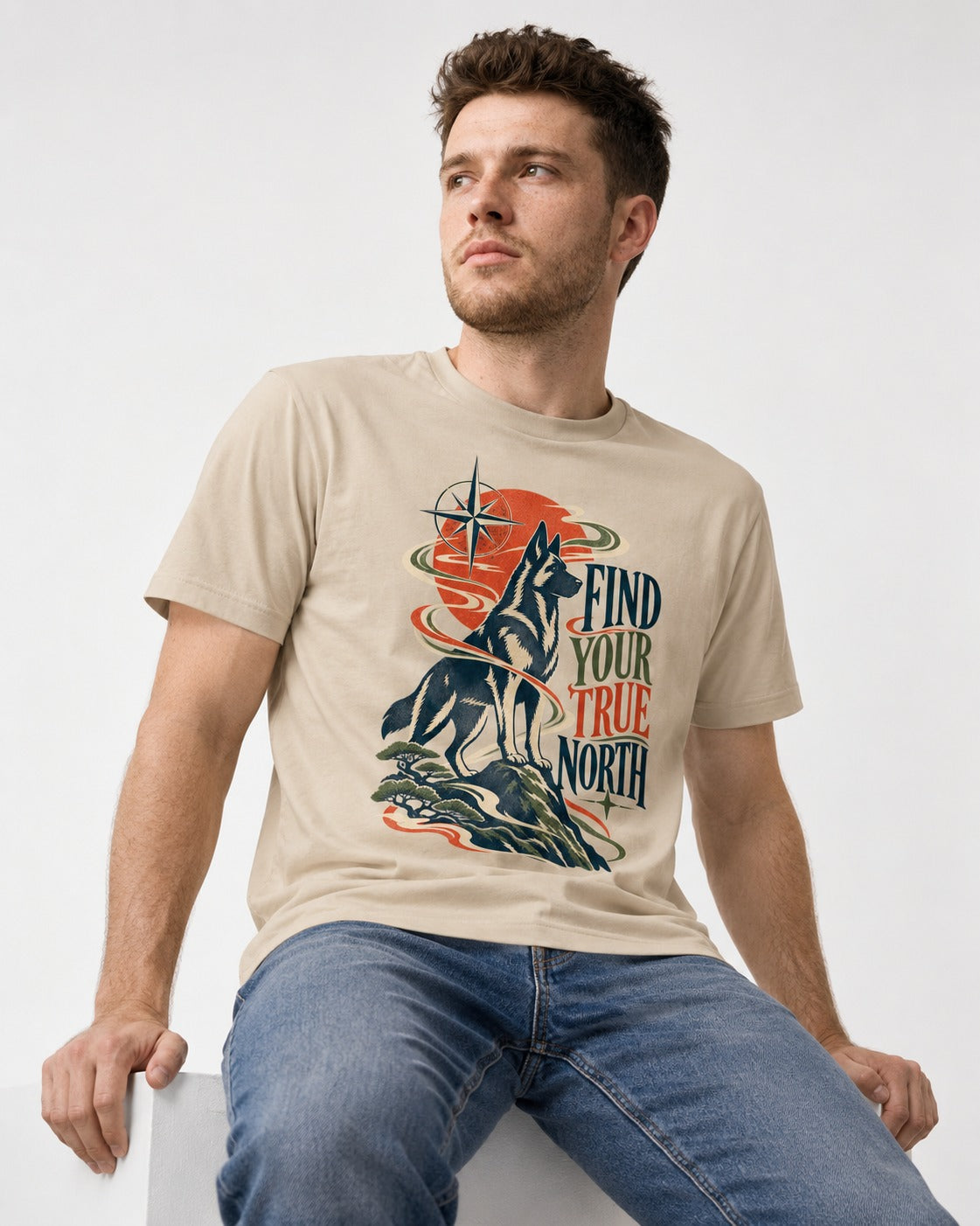 Find Your True North German Shepherd Dog T-Shirt in Sand, worn by a seated model