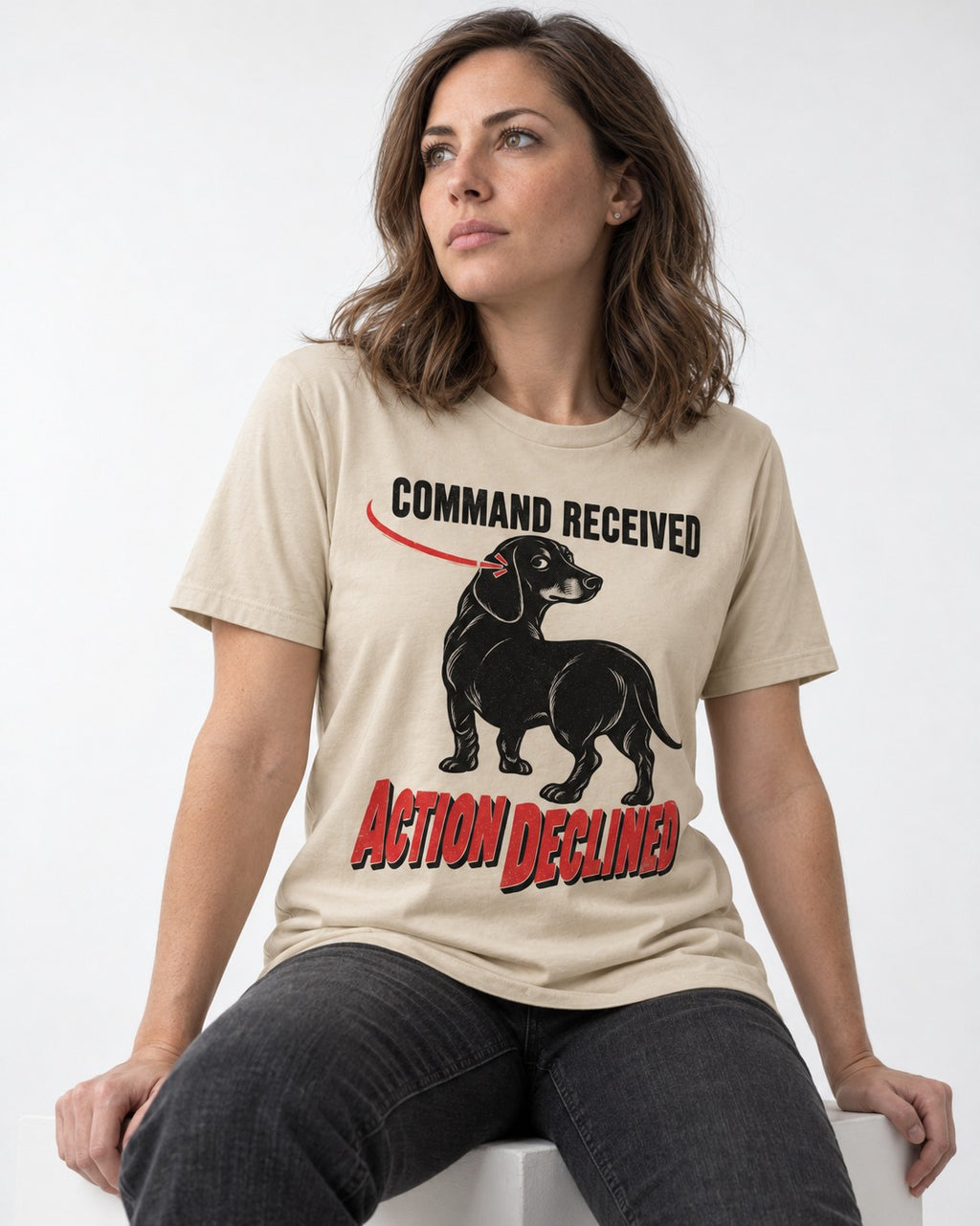 Dachshund Action Declined T-Shirt in Sand, worn by a seated model