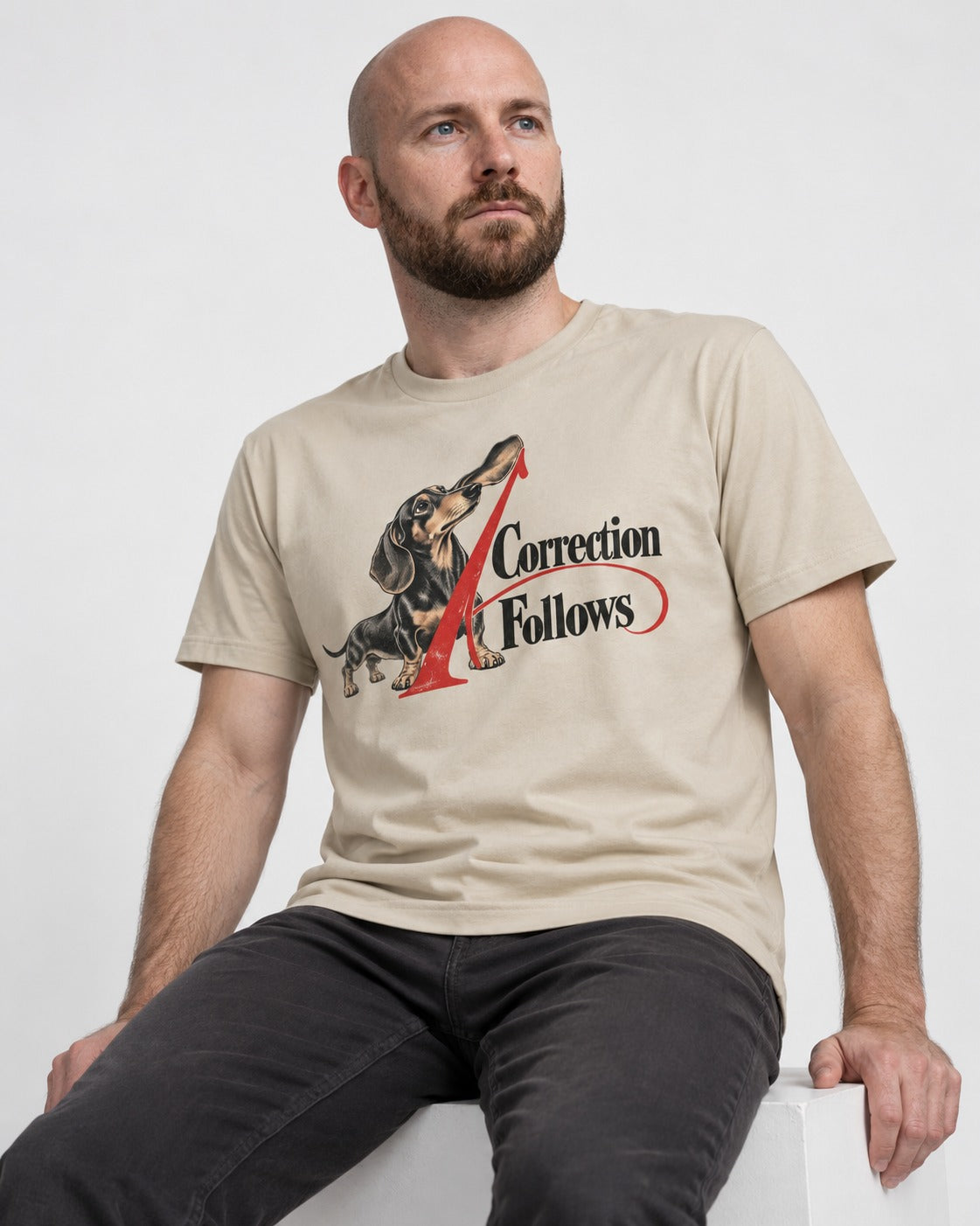 A Dachshund Correction Follows T-Shirt in Sand, worn by a seated model