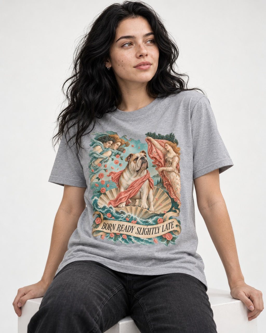 Born Ready Slightly Late English Bulldog T-Shirt in Sport Grey, worn by a seated model
