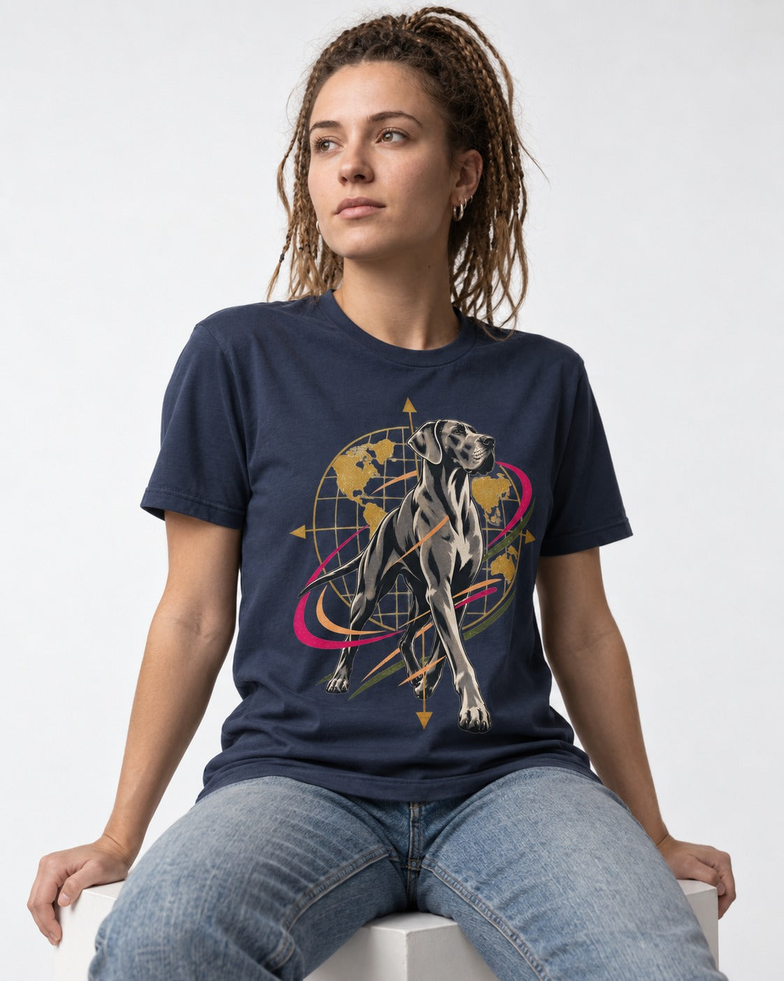 Great Dane Striding Globe Orbit Graphic T-Shirt in Navy, worn by a seated model