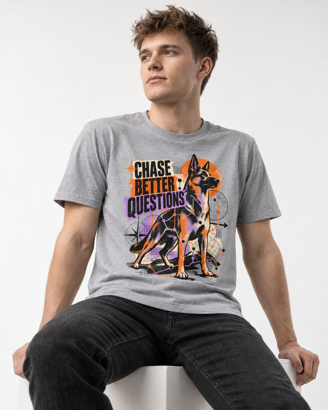 Chase Better Questions German Shepherd Dog T-Shirt in Sport Grey, worn by a seated model