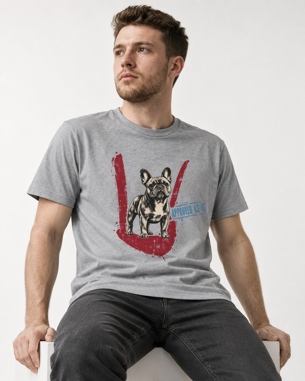 Frenchie Approved As Is Check Mark Graphic T-Shirt in Sport Grey, worn by a seated model