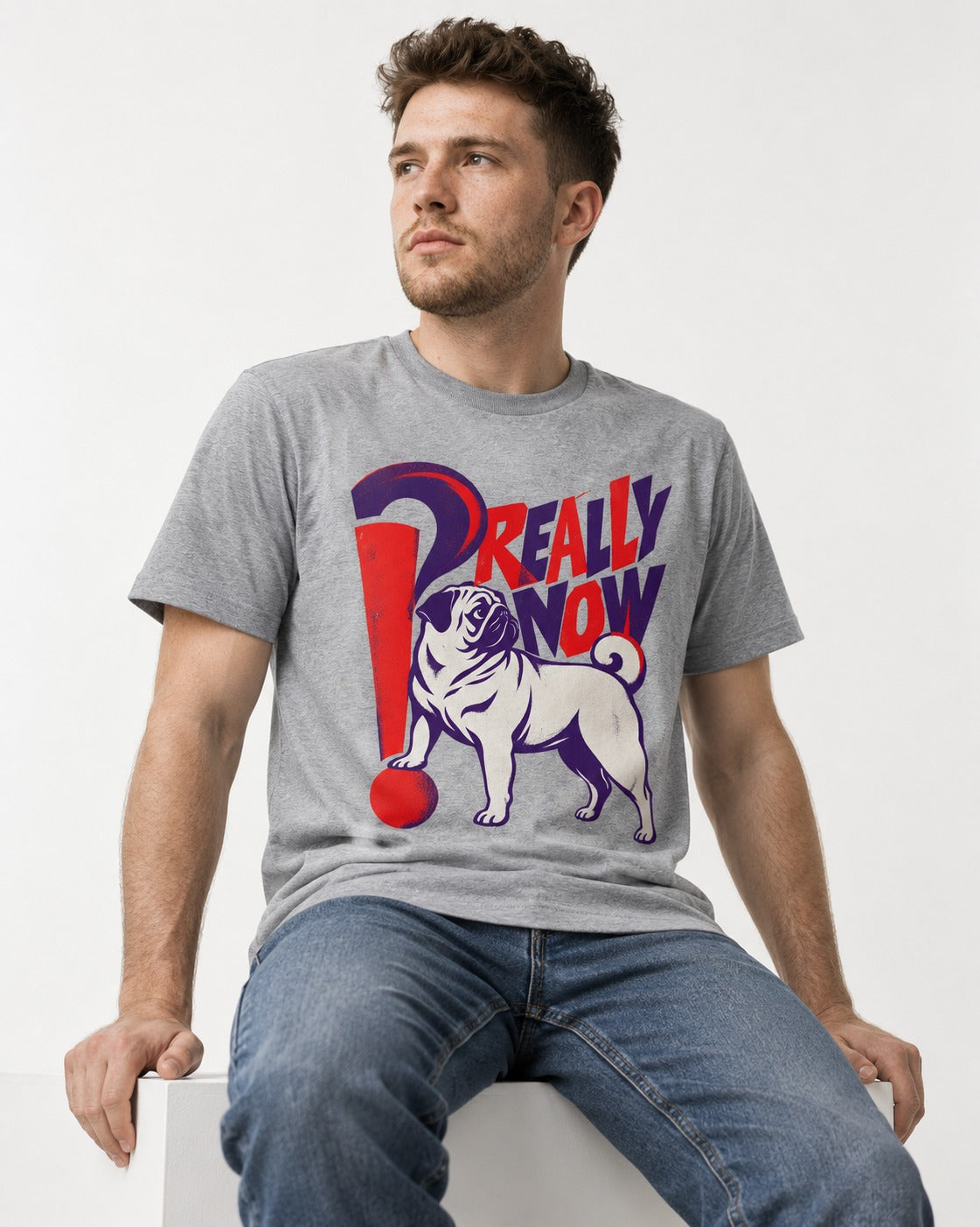Really Now Pug T-Shirt in Sport Grey, worn by a seated model