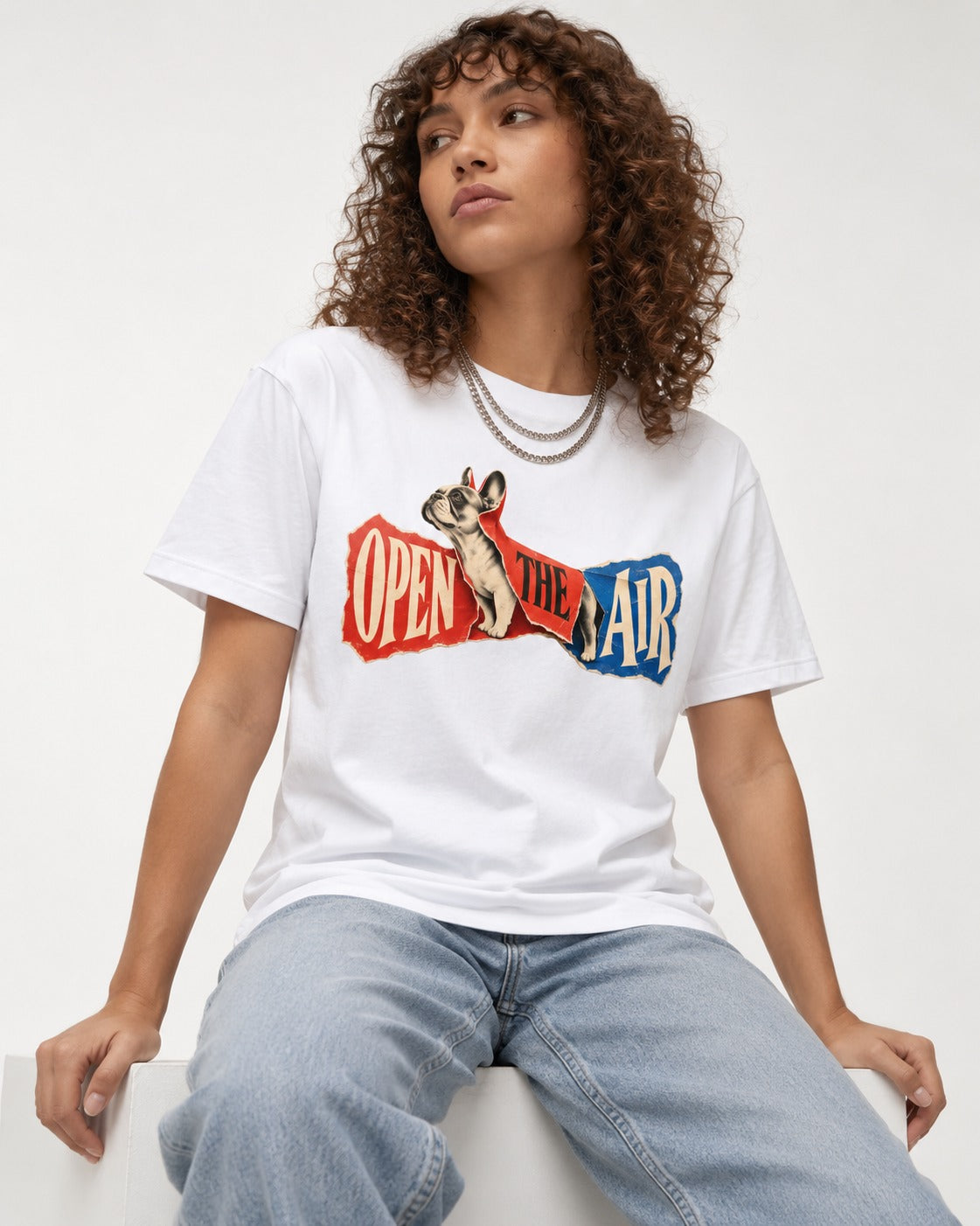 Frenchie Open the Air Torn Poster Graphic T-Shirt in White, worn by a seated model