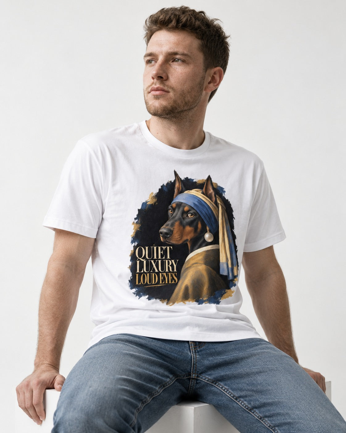 Doberman Quiet Luxury Loud Eyes Pearl Portrait Graphic T-Shirt in White, worn by a seated model