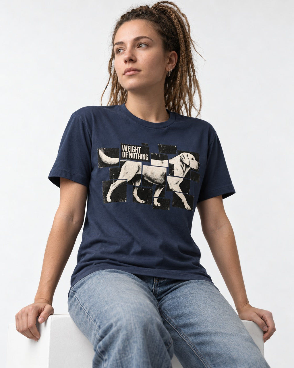 Labrador Retriever Weight of Nothing Fragmented Tile Graphic T-Shirt in Navy, worn by a seated model