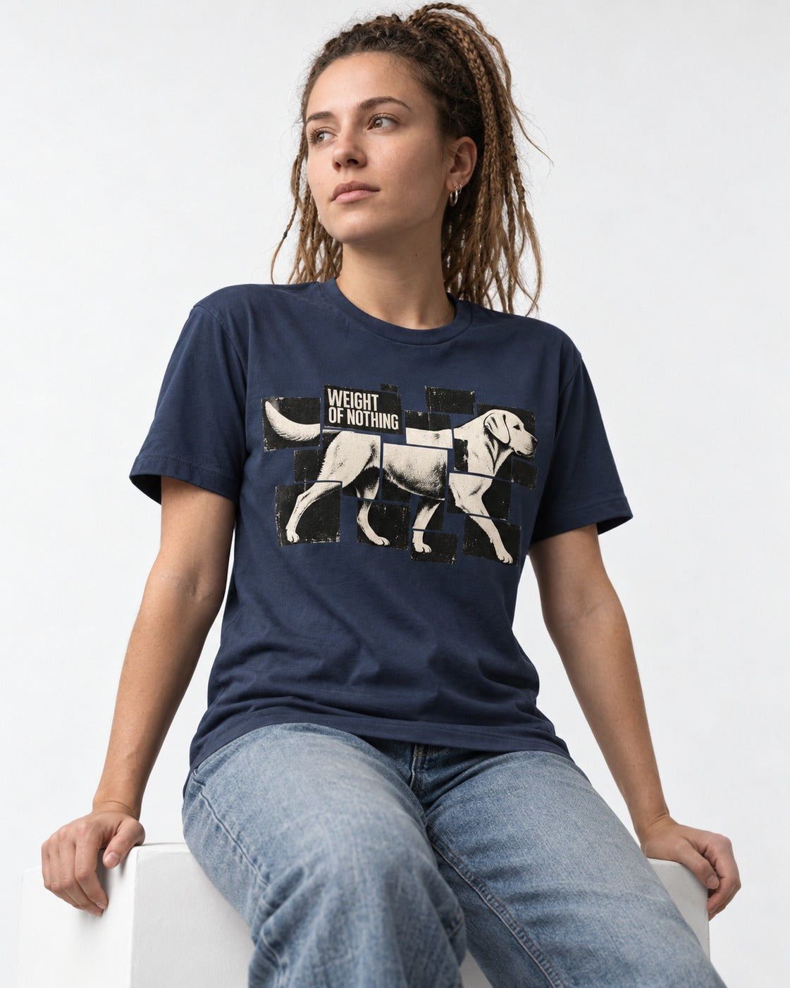 Labrador Retriever Weight of Nothing Fragmented Tile Graphic T-Shirt in Navy, worn by a seated model