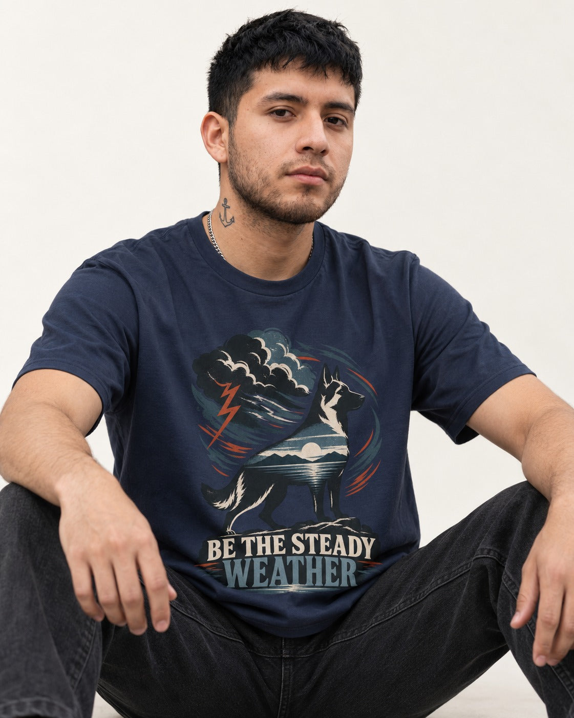 Be the Steady Weather Storm German Shepherd Dog Graphic T-Shirt in Navy, worn by a seated model