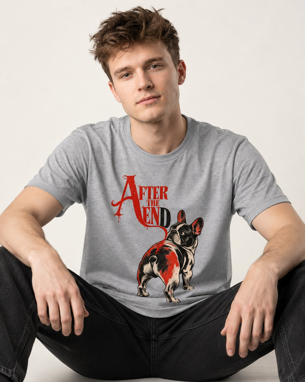 Frenchie After the End T-Shirt in Sport Grey, worn by a seated model